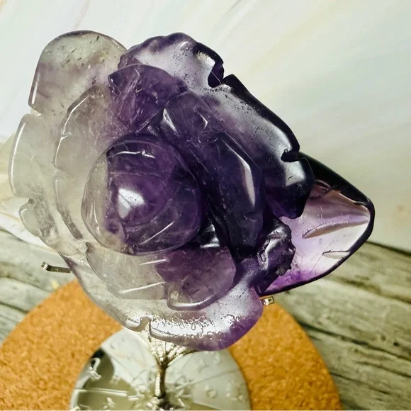 Natural Amethyst Rose Carving on Stand Crystal Healing Gift Decorative - Picture 2 of 5